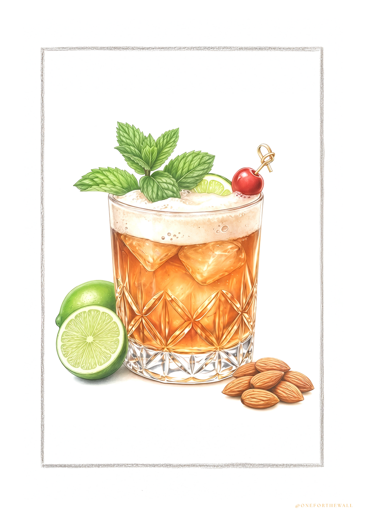 Amaretto Sour plakat med håndtegnet cocktail, lime og cocktailbær – nordisk minimalistisk cocktailplakat