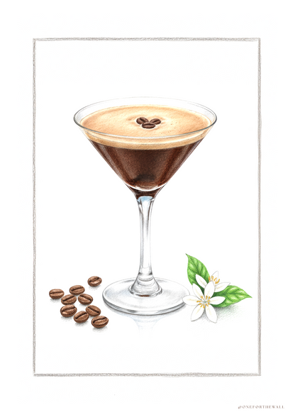Espresso Martini plakat med håndtegnet kaffe og kaffebønner – nordisk minimalistisk cocktailplakat